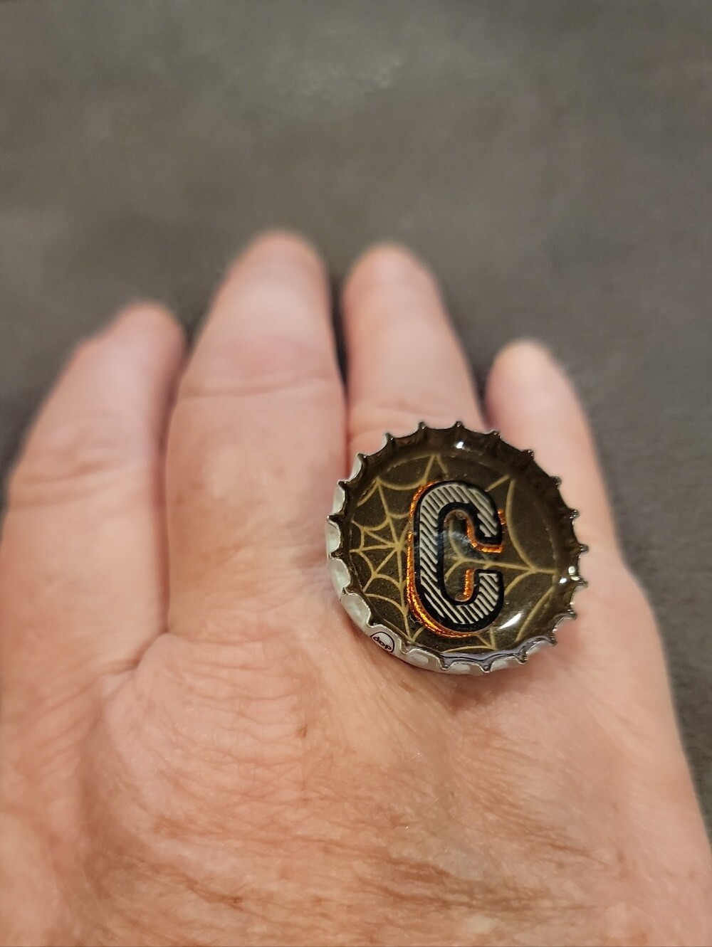 Halloween Black and Orange Monogram "C"  Spiderweb Bottlecap Ring